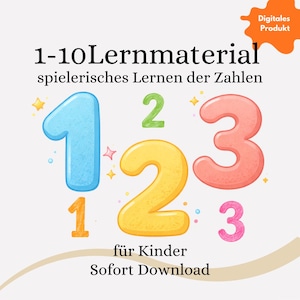 Könnte beinhalten: Digitales Lernmaterial für Kinder mit den Zahlen 1, 2 und 3 in Blau, Gelb und Rosa. Der Text lautet "1-10 Lernmaterial spielerisches Lernen der Zahlen" und "für Kinder Sofort Download."