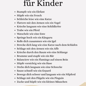 May include: A white card with the title "20 Bewegungskarten f&uuml;r Kinder" in black. Below, a list of 20 movement prompts in German, such as "Stamp like an elephant" and "Hop like a frog."