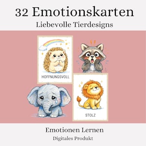 Può includere: Prodotto digitale con 32 carte delle emozioni, ognuna con disegni di animali affettuosi. Le carte mostrano illustrazioni di animali che esprimono emozioni: un riccio speranzoso, un procione sorpreso, un elefante triste e un leone orgoglioso. Il testo "Emotions Learn" e "Digital Product" sono visibili.