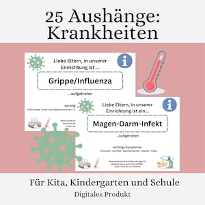 Könnte beinhalten: Ein digitales Produkt mit dem Titel "25 Aushänge: Krankheiten". Das Bild enthält zwei informative Poster über Grippe und Magen-Darm-Infekt, mit Symptomen und Ratschlägen für Eltern. Der Text unten lautet "Für Kita, Kindergarten und Schule."