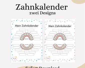 Tandenkalender voor kinderen – Kalender voor het doorkomen van melktanden met checklists en aantekeningen | Overzicht van het doorkomen van tanden | Printbare sjabloon in roze en blauw