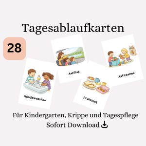 Könnte beinhalten: Ein Set von 28 illustrierten Karten mit deutschem Text, das tägliche Aktivitäten von Kindern zeigt, wie Händewaschen und Frühstück. Die Karten sind für Kindergarten, Krippe und Tagespflege konzipiert. Die Wörter "Tagesablaufkarten" und "Sofort Download" sind sichtbar.