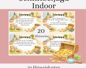 Binnenspeurtocht voor een kinderfeestje thuis – schatzoektocht voor kinderen van 4-6 jaar – 20 rijmende aanwijzingen – printbare PDF-download