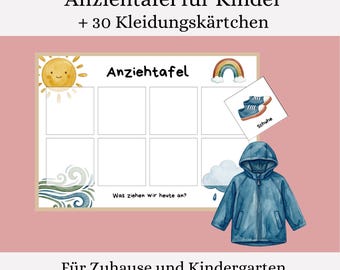 Kledingschema voor kinderen (PDF) – 30 kledingkaartjes – Kleding leren in de kleuterklas en kinderopvang – Leerzaam spel over weer en aankleden – Montessori-aankleedplan