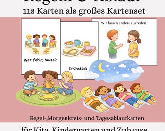 118 kaartjes met regels/dagelijkse routines voor kinderen – Een pedagogisch waardevolle bundel voor kinderdagverblijven, scholen en thuis. Leer regels spelenderwijs, digitaal PDF-bestand.