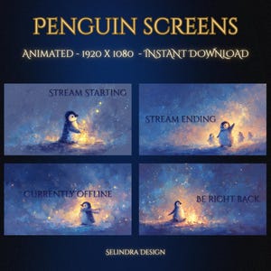 Puede incluir: Arte digital con pantallas de streaming con temática de pingüinos. Las pantallas incluyen "Stream Starting", "Stream Ending", "Currently Offline" y "Be Right Back". Cada pantalla presenta una ilustración de pingüino sobre un fondo azul estrellado. El texto "PENGUIN SCREENS" está en la parte superior.