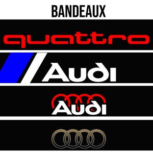 Könnte beinhalten: Schwarzer Hintergrund mit vier horizontalen Bändern mit Audi-Branding. Das obere Band hat das Wort "quattro" in Rot. Das zweite Band hat das Audi-Logo mit einem blauen Streifen. Das dritte Band hat das Audi-Ringe-Logo in Rot. Das untere Band hat das Audi-Ringe-Logo in Gold.