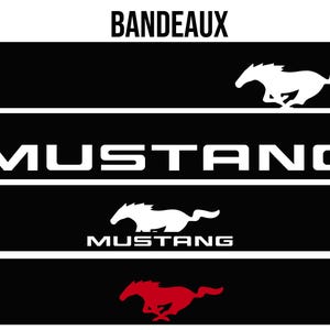 May include: Black and white graphic design featuring the word "MUSTANG" in bold white letters, with a running horse logo. The word "BANDEAUX" is at the top. A red running horse logo is at the bottom.