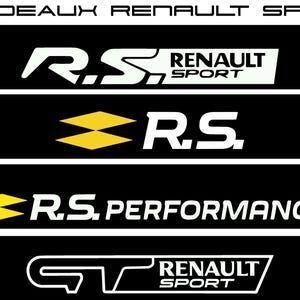 Può includere: Grafica in bianco e nero con il testo "BANDEAUX RENAULT SPORT" in alto. Sono presenti diversi loghi, tra cui "R.S. RENAULT SPORT", un rombo giallo e "R.S. PERFORMANCE".