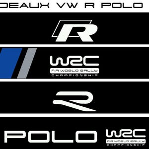 Peut inclure: Graphisme noir et blanc avec le texte "BANDEAUX VW R POLO WRC". L'image comprend le logo "R", le texte "WRC FIA WORLD RALLY CHAMPIONSHIP" et le texte "POLO WRC FIA WORLD RALLY CHAMPIONSHIP".