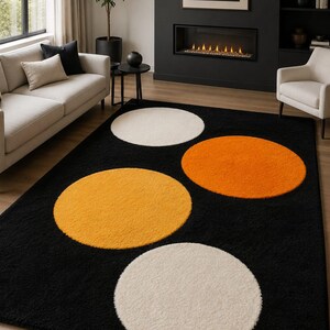 Modern Geometric Circles Hand-Tufted Area Rug – Black Background with Ivory, Mustard & Orange Abstract Dot Design