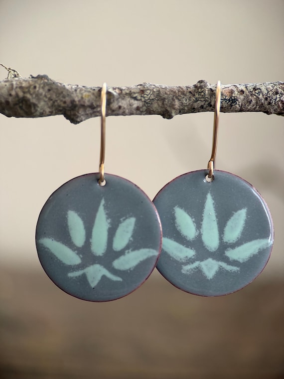 Hand-Torched Enamel Earrings | Unique Blue lotus Design on Gold-Filled Ear Wires | Artisan Jewelry
