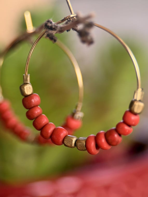 African Seed Beads & Gold Surgical Stainless Steel Hoop Earrings