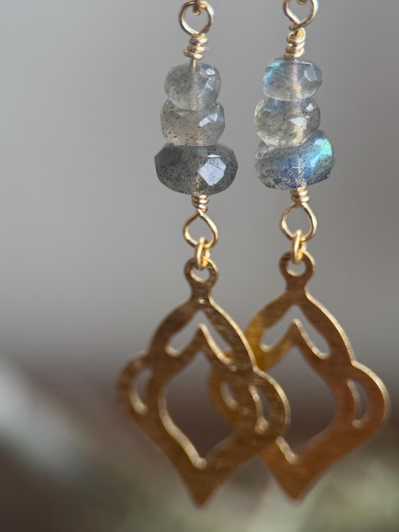Color-Shifting Labradorite and Brass Earrings on 14k Gold-Filled Wires- Unique Gemstone Jewelry