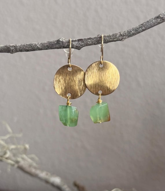 Australian Green Chalcedony and Brass Dangle Earrings with Gold-Filled Ear Wires