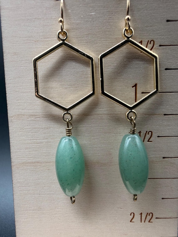 Green Aventurine Earrings with hexagon and gold filled ear wire
