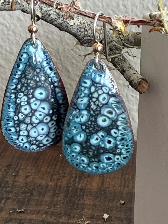 Unique Torch-Fired Blue Crackle Enamel Earrings with Sterling Silver Ear Wires