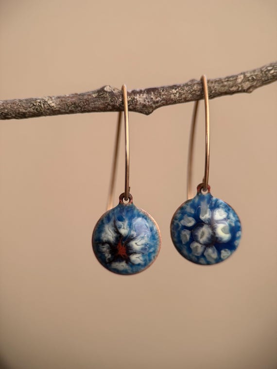 Hand-Torched Enamel Earrings | Unique Blue Floral Design on Gold-Filled Ear Wires | Artisan Jewelry