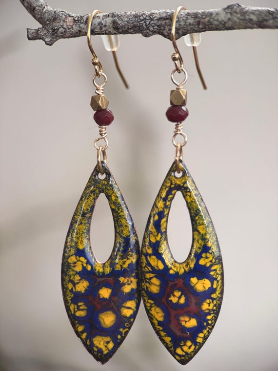 Handcrafted Torch Fired Enamel Earrings with Garnet Beads & Gold Filled Ear Wires