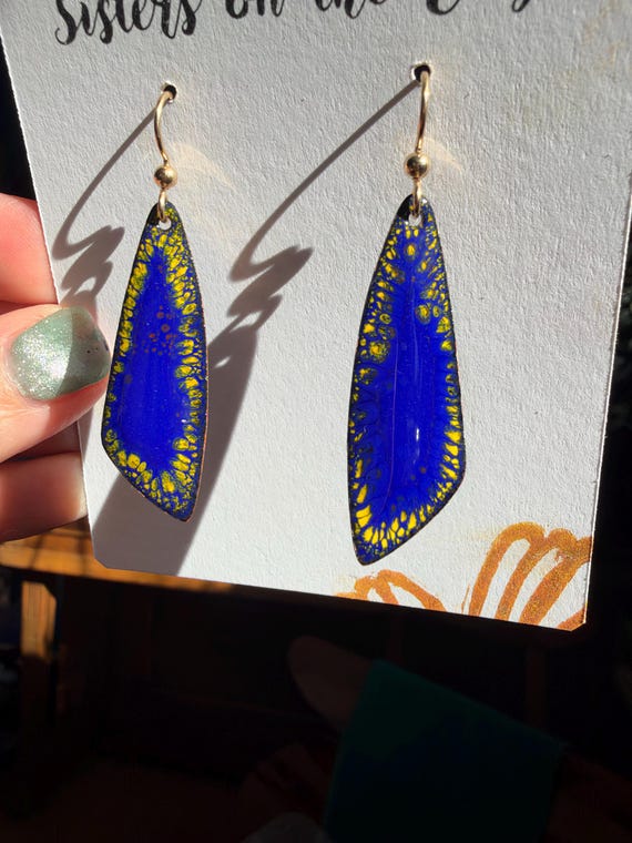 Handmade Torch-Fired Glass Enamel Earrings | Blue Yellow Butterfly Design, 14k Gold Filled
