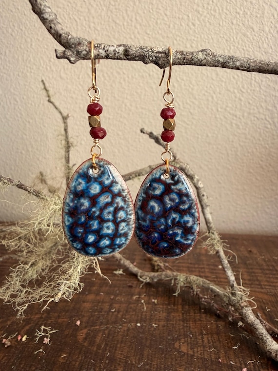 Handcrafted Torch-Fired Enamel Earrings with Garnets & Gold-Filled Ear Wires