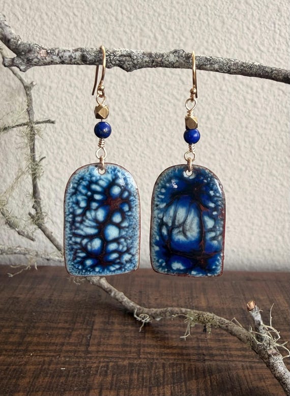Handcrafted Torch Fired Enamel Earrings: Oceanic Blue, Lapis, Gold Filled Ear Wires