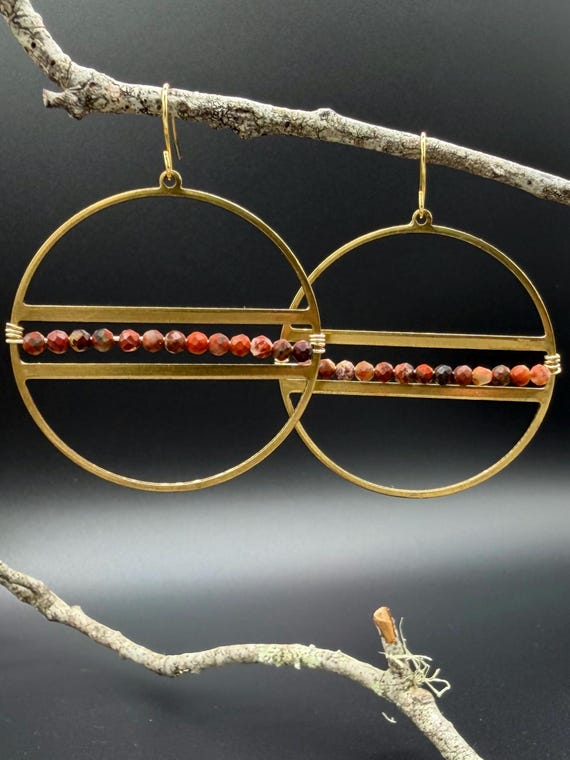 Red Jasper Circle Earrings, 1.7” Diameter, Gold Filled Ear Wires