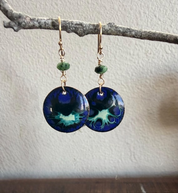 Hand Torched Enamel Earrings with Gold Filled Ear Wires and Natural Ruby Zoisite Stones