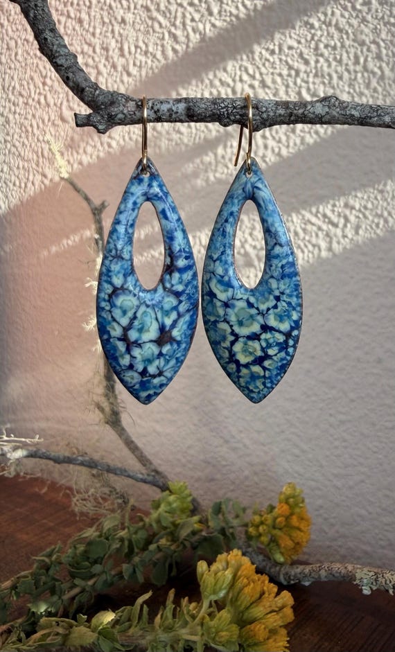 Artisan Blue Floral Earrings,  Gold-Filled Ear Wire, Unique Statement Jewelry