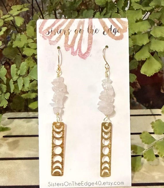 Rose Quartz Earrings with Moon Phases & Gold-Filled Ear Wires