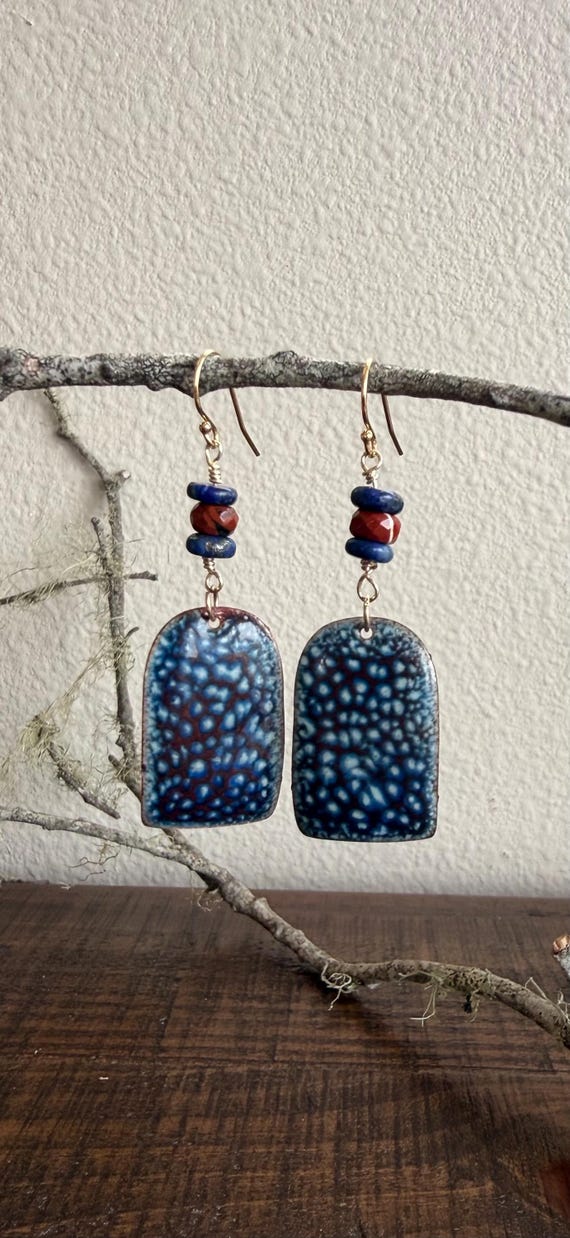 Handcrafted Torch Fired Enamel Earrings: Oceanic Blue, Lapis, Red Jasper, Gold Filled Wires