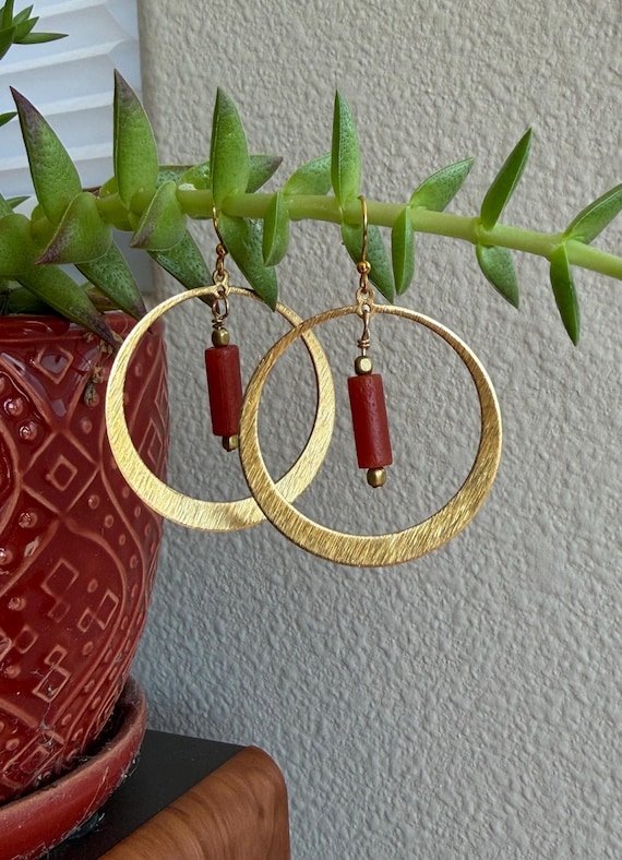 Red Gobi Agate and Brass Dangle Earrings with Gold-Plated Ear Wires