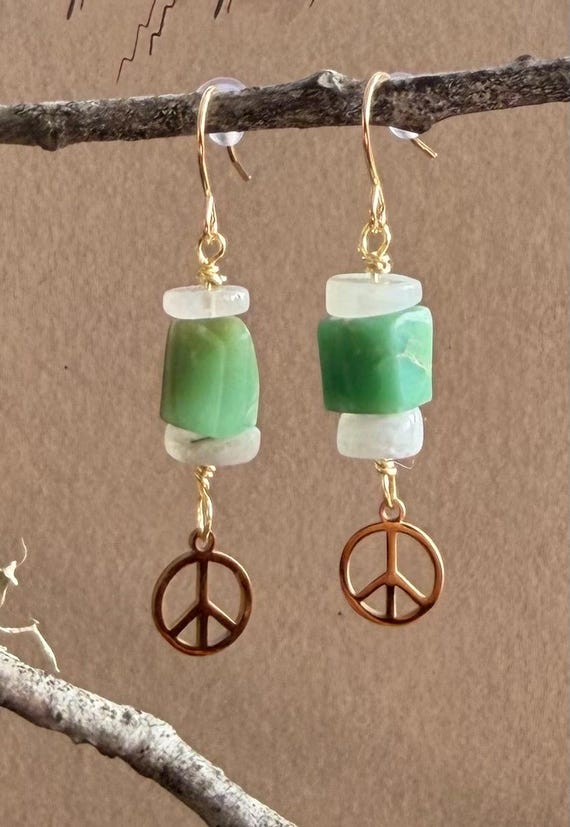 Australian green chalcedony, moonstone, stainless steel peace sign, gold filled ear wire