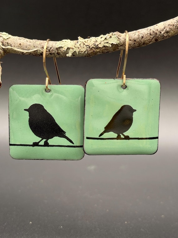 Torch-Fired Sage Glass Enamel Bird Earrings on 14k Gold-Filled Ear Wires | Artisan Made