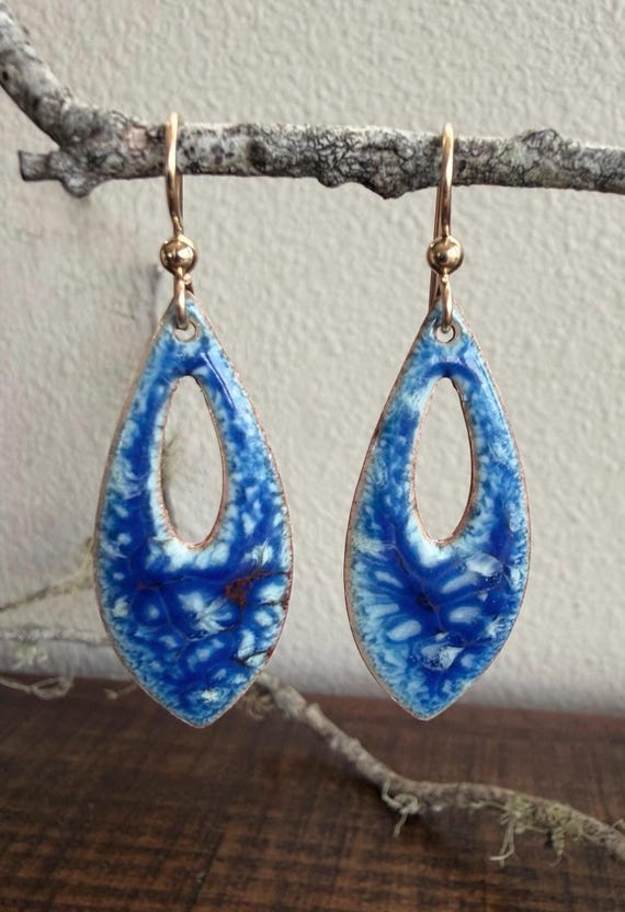Handcrafted Torch Fired Enamel Earrings in Deep Ocean Blue with Gold Filled Ear Wires