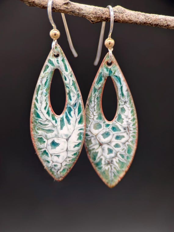 Hand-Torched Enamel Earrings, Teal White Crackle, Sterling Silver Ear Wires, Gold Filled Balls