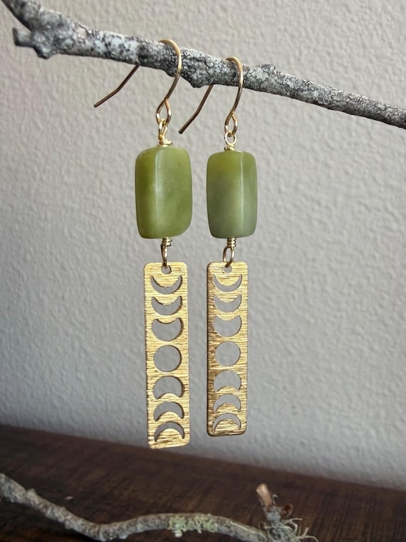 Green Serpentine Earrings with Moon Phases & Gold-Filled Ear Wires