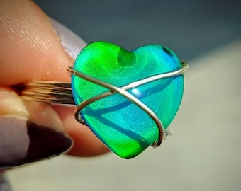 Mood Ring Handmade Wire Wrapped Jewelry, Color Changing Heart