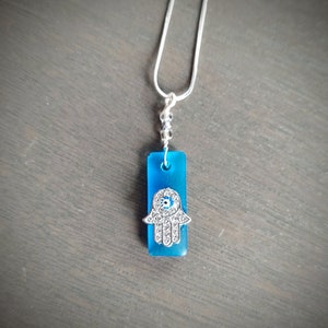 Blue Hamsa Hand Seaglass Pendant Necklace