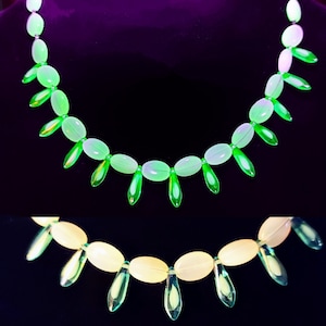 Uranium Glass Glowing White and Blue Mint Vintage Fire-Polished Necklace!!!