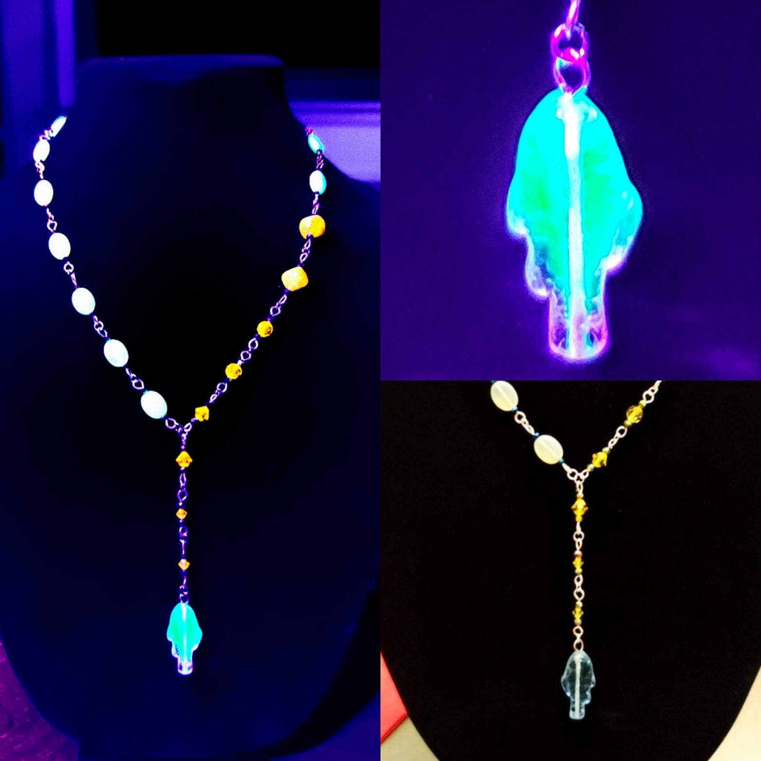 Uranium/Cadmium Glass Necklace Blue Fish Feeding Frenzy Glowing Yellow, Blue, and Orange UV Vintage Vaseline Round Fire-Polished beads