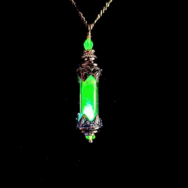 Uranium Glass Victorian Vial Necklace with Crushed Uranium and Vaseline Glass Accents, Vintage Glowing Yellow & Silver!!!