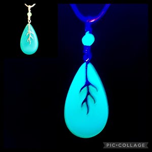 Uranium Glass Necklace Glowing Matte Green-Blue Teardrop with Silver Twig Accent Pendant!!!