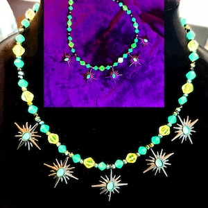 Uranium Glass Glowing Green and Yellow Black Starburst Vintage Faceted Fire-Polished Necklace!!!
