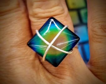 Mood Ring Handmade Wire Wrapped Jewelry, Color Changing Square