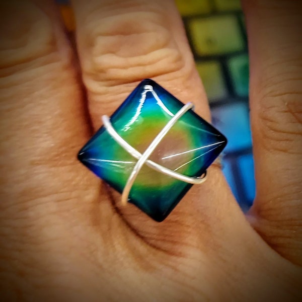 Mood Ring Handmade Wire Wrapped Jewelry, Color Changing Square