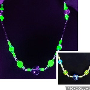 Uranium Glass Necklace - Glowing Yellow with Blue Murano Glass Vintage Vaseline Fire-Polished Beads!!!