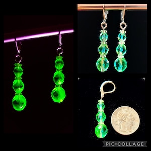 Brincos de gota polidos com fogo Art Nouveau em vidro de urânio brilhante!!! Vaselina amarela/azul.