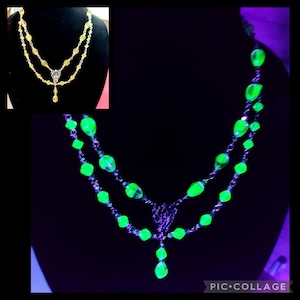 Uranium Glass Glowing Victorian Necklace!!!Peach-Yellow Vintage Faceted Fire-Polished Necklace!!! Victorian Filigree connector!