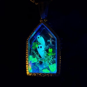 Peut inclure: Un collier pendentif avec une chaîne et un cadre dorés. Le pendentif contient deux fantômes blancs, des fleurs bleues et des accents verts, le tout enfermé dans une résine transparente. Le fond est noir.